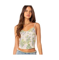 Women's Garden Party Printed Mesh Corset Top - Green-and