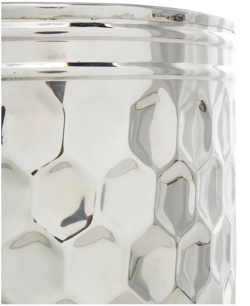 Rosemary Lane 18" Stainless Steel Drum Geometric with Hexagon Patterned Exterior Accent Table