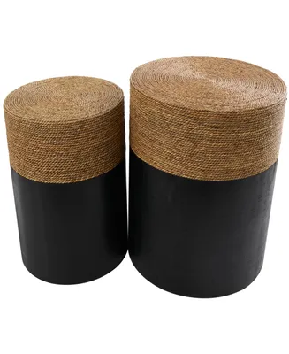 Rosemary Lane 20" and 18" Wood Handmade Color Block Wrapped with Dried Plant Tabletops Accent Table, Set of 2
