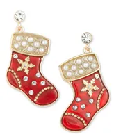 Holiday Lane Gold-Tone Pave & Imitation Pearl Stocking Drop Earrings, Created for Macy's