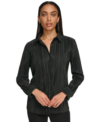 Calvin Klein Women's Plisse Long-Sleeve Button Down Shirt