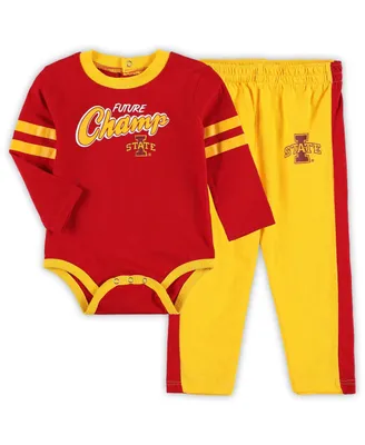 Infant Boys and Girls Cardinal, Gold Iowa State Cyclones Little Kicker Long Sleeve Bodysuit Sweatpants Set