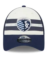 Men's New Era White, Navy Sporting Kansas City Team Stripes 9FORTY Trucker Snapback Hat