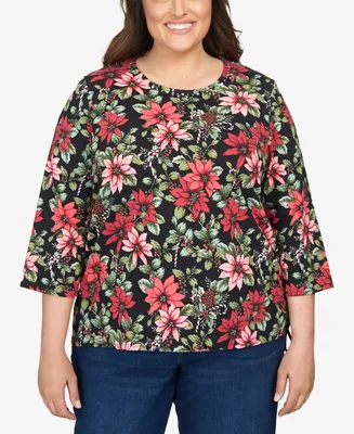 Alfred Dunner Plus Size Classics Poinsettia and Candy Canes Crew Neck Top