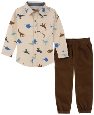 Kids Headquarters Little Boys Dinosaur Print Long Sleeve Button-Front Shirt and Corduroy Joggers, 2 Piece Set