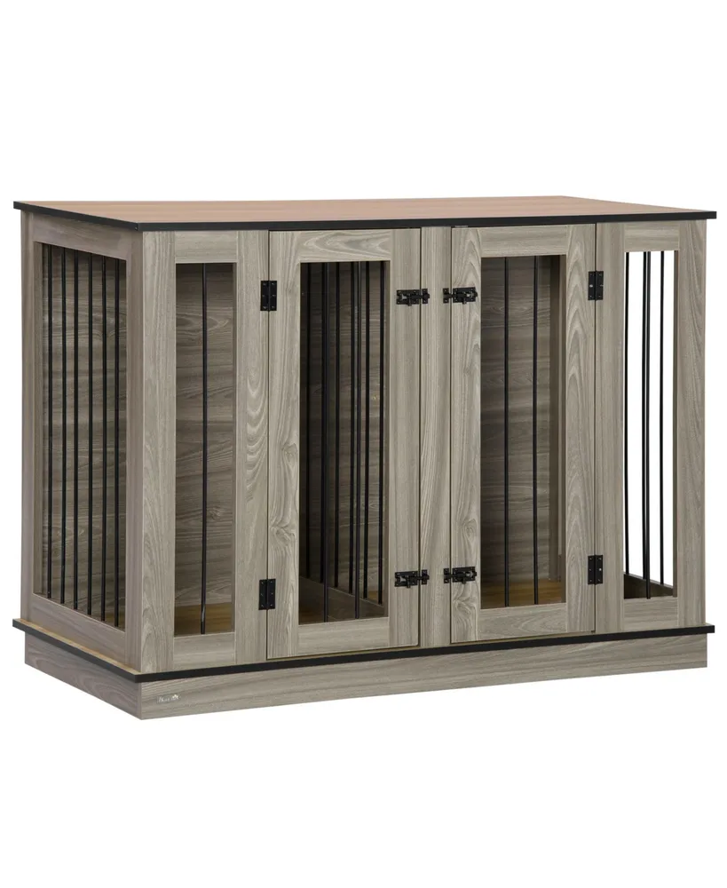 PawHut Large Furniture Style Dog Crate with Removable Panel, End Table with Two Rooms Design and Two Front Doors, Dark Walnut, 47.25" x 23.5" x 34.75"