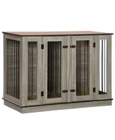 PawHut Large Furniture Style Dog Crate with Removable Panel, End Table with Two Rooms Design and Two Front Doors, Dark Walnut, 47.25" x 23.5" x 34.75"