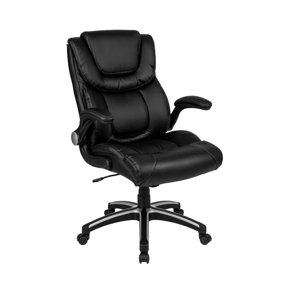 Emma+Oliver High Back Leather Executive Swivel Office Chair With Double Layered Headrest And Open Arms