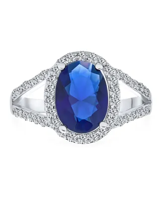 Bling Jewelry Classic 10CT Cz Brilliant Royal Blue Halo Statement Oval Solitaire Engagement Ring For Women With Split Shank Thin Band