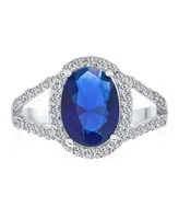 Bling Jewelry Classic 10CT Aaa Cz Brilliant Simulated Royal Blue Sapphire Cut Halo Statement Oval Solitaire Engagement Ring For Women With Split Shank