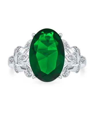 Bling Jewelry Fleur De Lis Pave Accent Aaa Cz Estate Large Oval Solitaire 7CT Cubic Zirconia Simulated Emerald Green Cocktail Statement Ring For Women