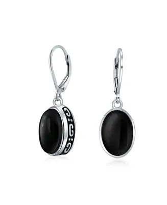 Bling Jewelry Simple Western Style 3.2CT Dyed Black Natural Onyx Dome Oval Bezel Set Lever Back Dangle Earrings For Women Sterling Silver