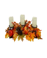 21" Orange Fall Harvest Leaves and Pumpkins Candle Holder