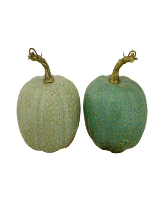 Set of 2 Green and Gold-Tone Crackle Fall Harvest Tabletop Thanksgiving Pumpkins 5"