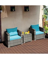 Costway 3 Pc Patio Rattan Furniture Bistro Set Cushioned Sofa Chair Table