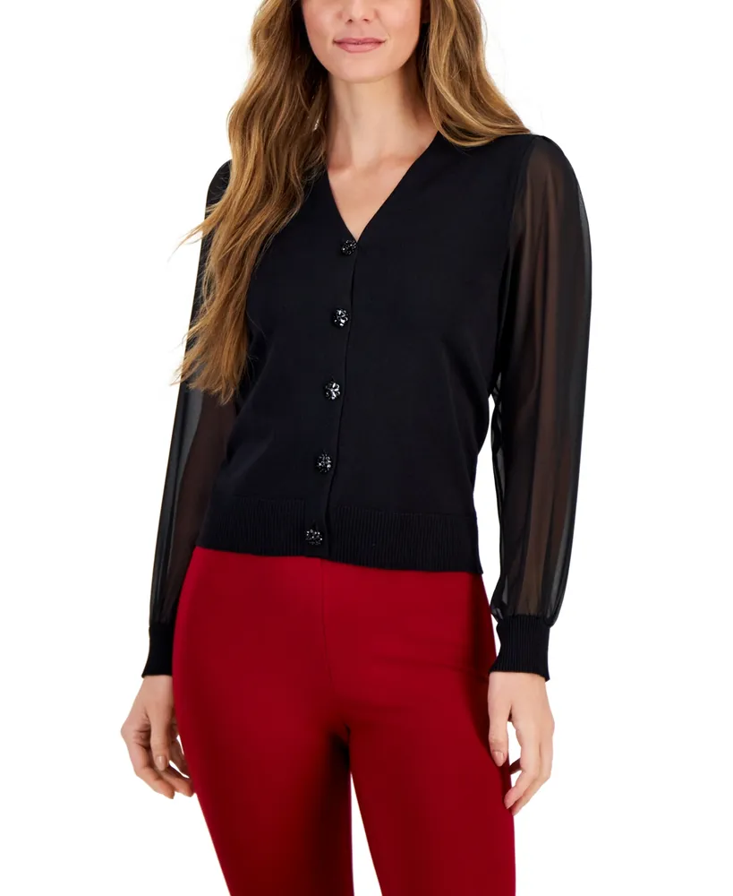 Anne Klein Women's Sheer-Sleeve V-Neck Cardigan