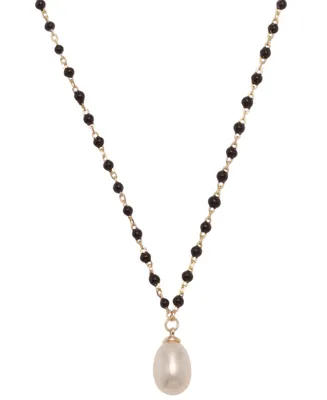 Cultured Freshwater Pearl (6 x 8mm) & Enamel Bead Pendant Necklace 18k Gold-Plated Sterling Silver, 16" + 2" extender