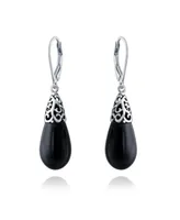 Bling Jewelry Western Style Black Natural Onyx Elongated Teardrop Filigree Lever Back Dangle Earrings For Women Sterling Silver