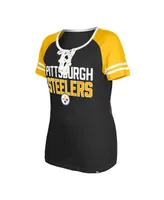 Women's New Era Black Pittsburgh Steelers Raglan Lace-Up T-shirt