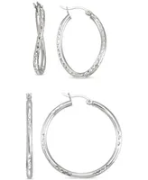 2-Pc. Set Textured Wavy & Round Hoop Earrings in Sterling Silver