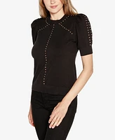 Belldini Women's Short Puff-Sleeve Embellished Sweater