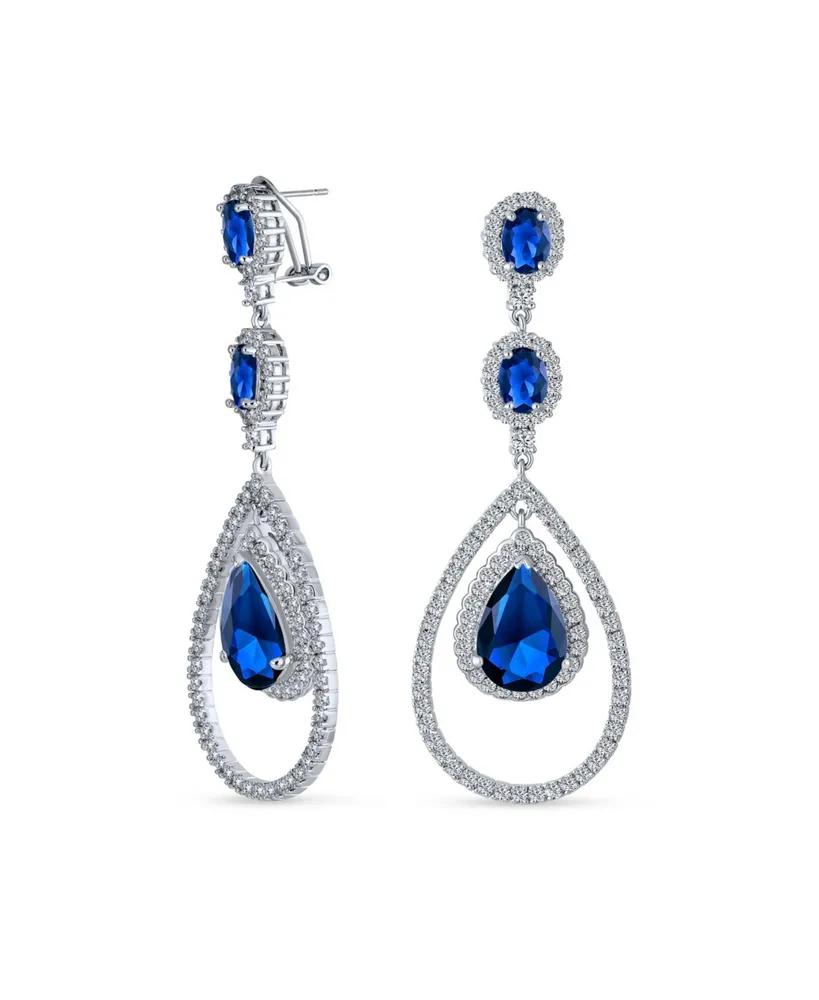 Bling Jewelry Wedding Simulated Blue Sapphire Aaa Cubic Zirconia Double Halo Large Teardrop Cz Statement Dangle Chandelier Earrings Pageant Bridal Par