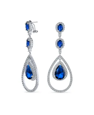 Bling Jewelry Art Deco Style Wedding Simulated Blue Sapphire Aaa Cubic Zirconia Double Halo Large Teardrop Cz Statement Dangle Chandelier Earrings For