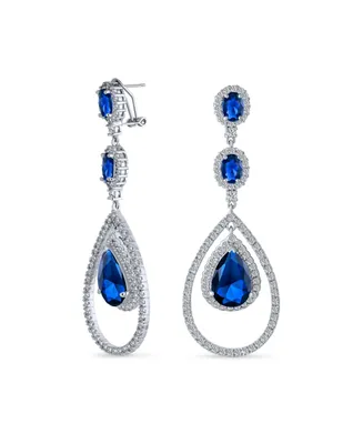 Bling Jewelry Art Deco Style Royal Blue Cubic Zirconia Double Halo Large Teardrop Cz Statement Dangle Chandelier Earrings For Women Party