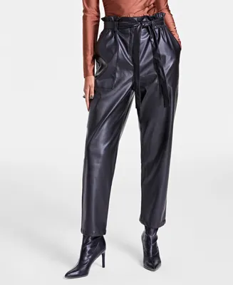 Bar Iii Women's Faux-Leather Paperbag Pants, Created for Macy's