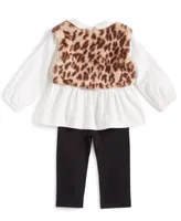 First Impressions Baby Girls Faux Fur Leopard Vest, Collared Top and Pants, 3 Piece Set, Created for Macy's