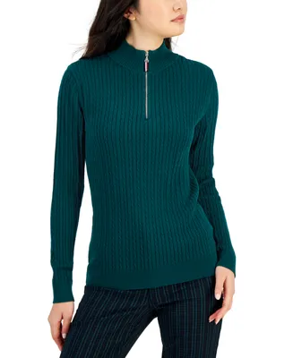 Tommy Hilfiger Women's Cotton Quarter-Zip Cable-Knit Sweater
