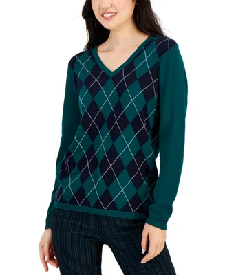 Tommy Hilfiger Women's Cotton Argyle V-Neck Sweater