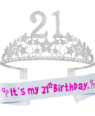 21st Birthday Sash and Tiara Set for Women - Glitter Sash with Starry Sky Rhinestone Silver Metal Tiara, Perfect for 21st Birthday Party and Gifts