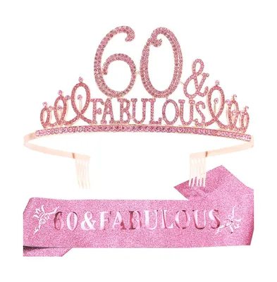 60th Birthday Sash and Tiara for Women - Glittery Gold Sash with Fabulous Rhinestone Metal Tiara, Perfect 60th Birthday Party Gifts and Accessories