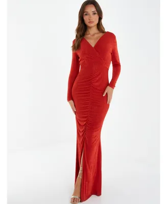 Quiz Women's Maxi Dress With Long Sleeves And Ruching Detail