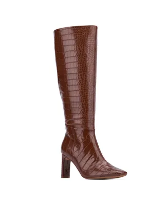 New York & Company Women's Isabelle Croc Embossed Knee-High Boots Dress Boots