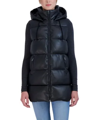 Sebby Collection Women's Puffer Faux Leather Vest with Hood