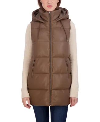 Sebby Collection Women's Puffer Faux Leather Vest with Hood