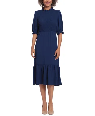 London Times Women's Smocked-Bodice Tiered Midi Dress
