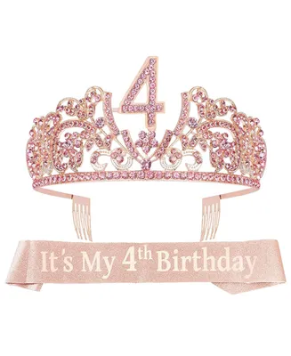 4th Birthday Sash and Tiara for Girls - Glitter Sash with Flowers and Rhinestone Pink Metal Tiara, Perfect for Princess Party and Birthday Gifts