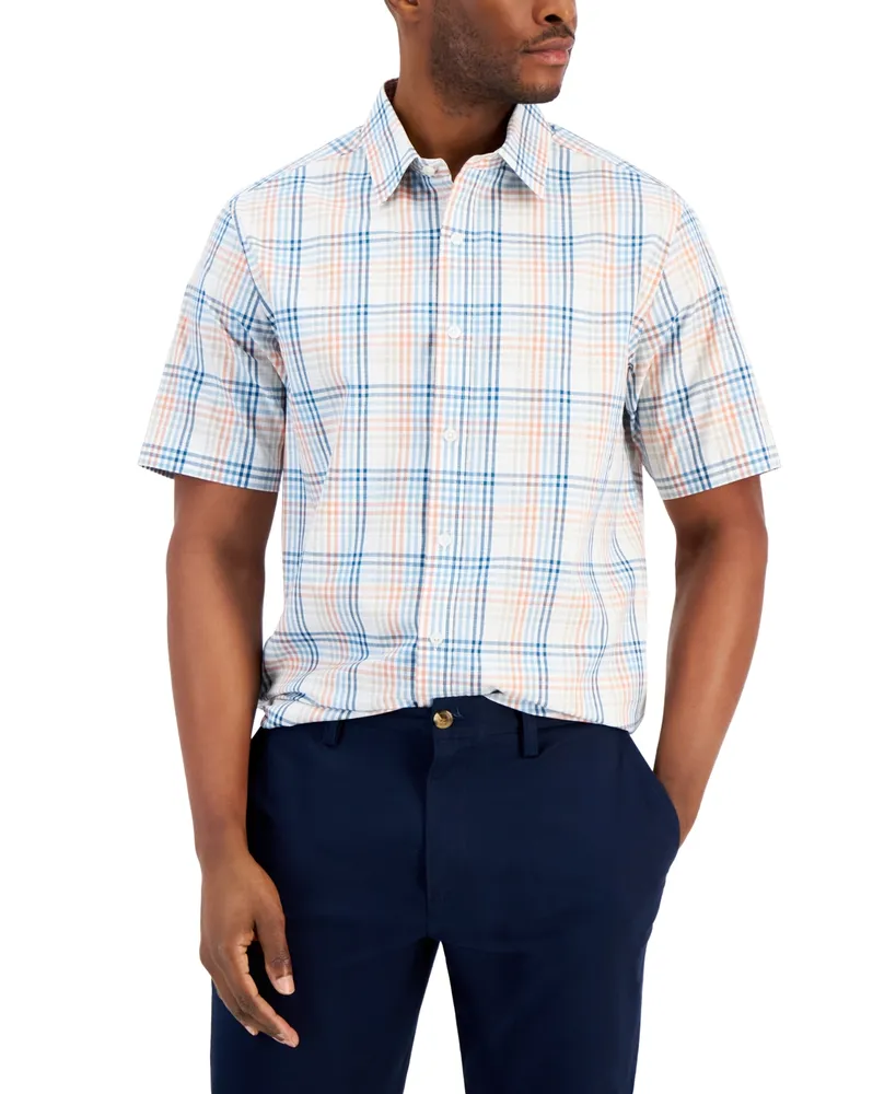 Club Room Men's Refined Plaid Dobby Woven Button-Up Short-Sleeve Shirt, Created for Macy's