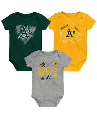 Girls Newborn and Infant Green, Gold, Heathered Gray Oakland Athletics 3-Pack Batter Up Bodysuit Set