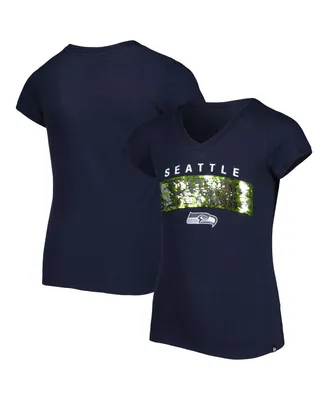 Big Girls New Era College Navy Seattle Seahawks Reverse Sequin Wordmark V-Neck T-shirt