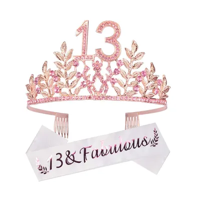 13th Birthday Sash and Tiara Set for Girls: Glitter Sash with Leafs Rhinestone Pink Premium Metal Tiara, Perfect for Teenagers Party and Birthday Gift