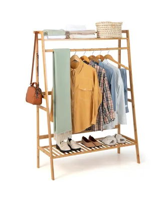 2-Tier Bamboo Garment Rack Clothing Storage Organizer Coat Hanger w/ Rod & Hooks