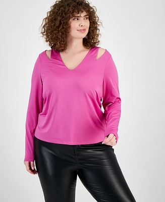 Bar Iii Plus Size Shoulder-Cutout Long-Sleeve V-Neck Top, Created for Macy's