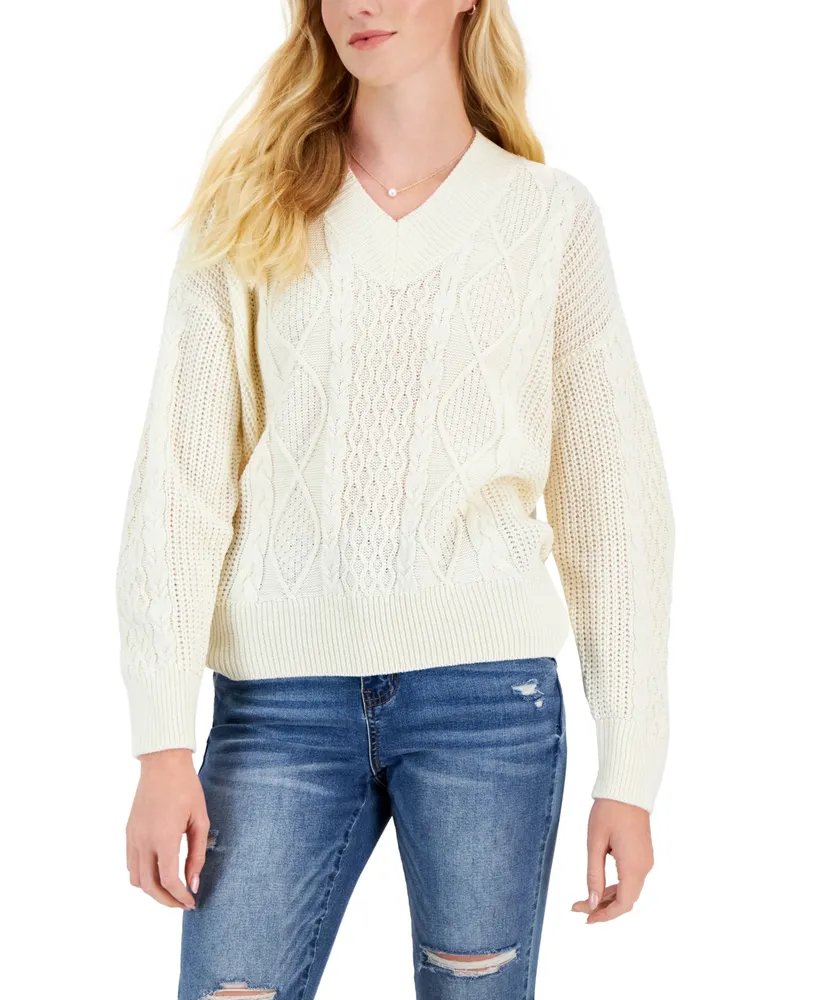 Hippie Rose Juniors' V-Neck Cable-Knit Sweater