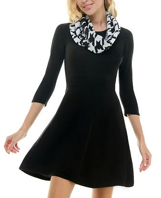 Bcx Juniors' Printed Scarf Fit & Flare Sweater Dress