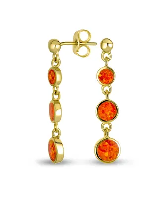 Bling Jewelry Geometric Gemstone 3 Bezel Round Disc Linear Orange Fire Circle Opal Dangle Earrings For Women 14K Gold Plated .925 Sterling Silver