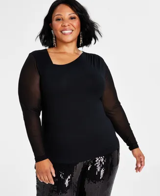 I.n.c. International Concepts Plus Size Asymmetric Mesh-Sleeve Top, Created for Macy's